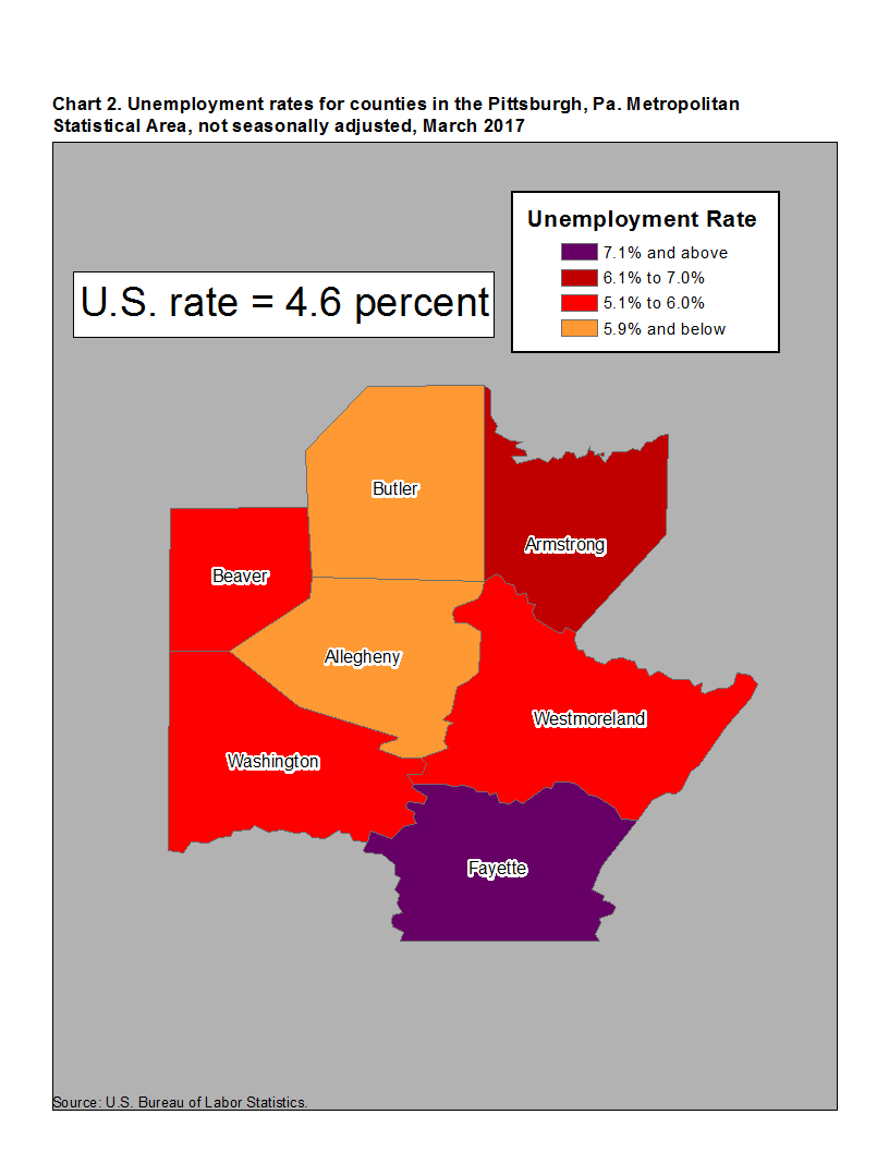 Chart 2. Unemployment rates for counties in the Pittsburgh, Pa. Metropolitan Statistical Area, not seasonally adjusted, March 2017