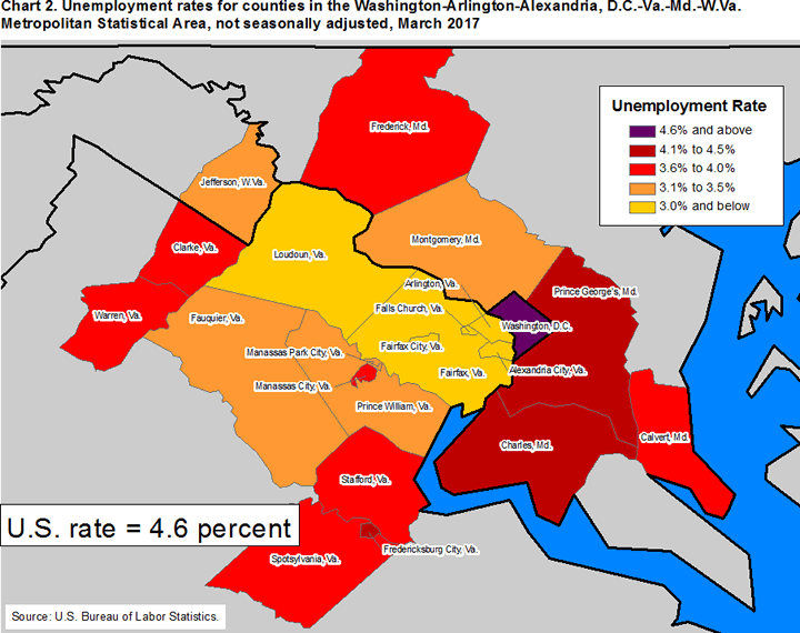 Chart 2. Unemployment rates for counties in the Washington-Arlington-Alexandria, D.C.-Va.-Md.-W.Va. Metropolitan Statistical Area, not seasonally adjusted, March 2017