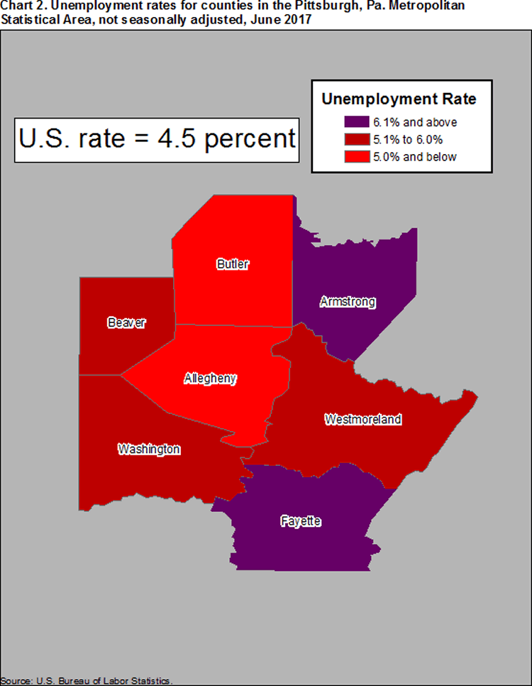 Chart 2. Unemployment rates for counties in the Pittsburgh, Pa. Metropolitan Statistical Area, not seasonally adjusted, June 2017