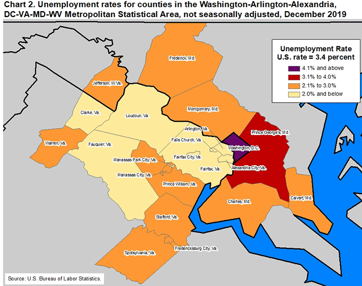 Chart 2. Unemployment rates for counties in the Washington-Arlington-Alexandria, DC-VA-MD-WV Metropolitan Statistical Area, not seasonally adjusted, December 2019