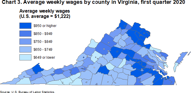 Chart 3. Average weekly wages by county in Virginia, first quarter 2020