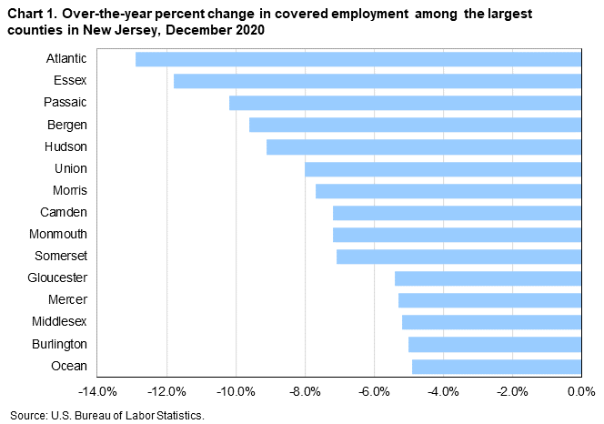Chart 1. Over-the-year percent change in covered employment among the largest counties in New Jersey, December 2020