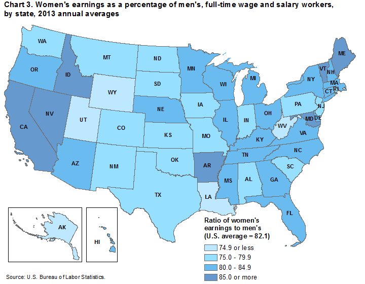 Chart 3. Women’s earnings as a percentage of men’s, full-time wage and salary workers, by state, 2013 annual averages