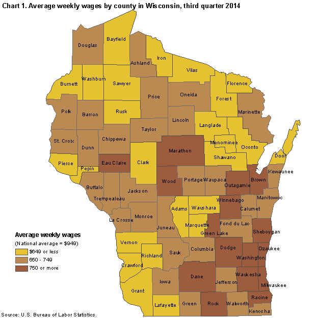 Chart 1.  Average weekly wages by county in Wisconsin, third quarter 2014