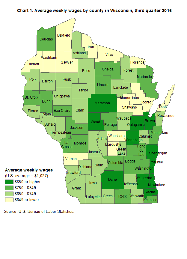 Chart 1.  Average weekly wages by county in Wisconsin, third quarter 2016