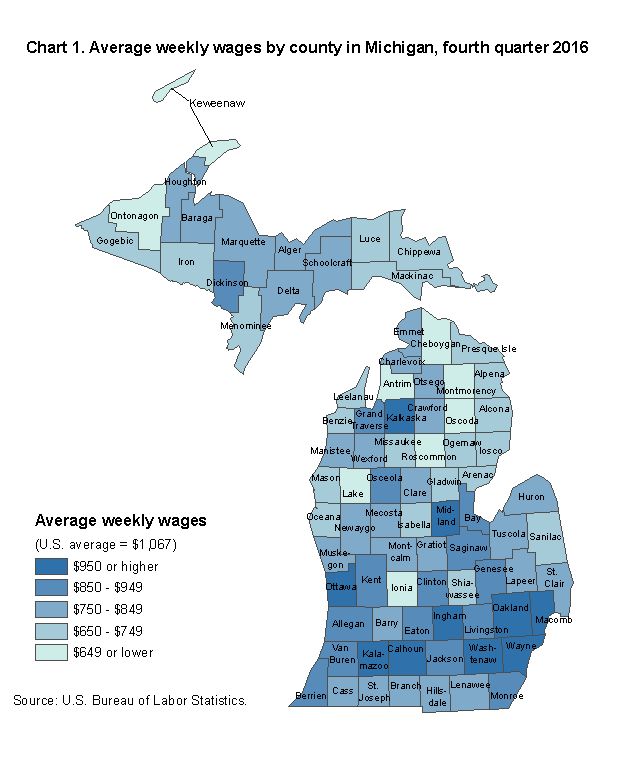 Chart 1. Average weekly wages by county in Michigan, fourth quarter 2016