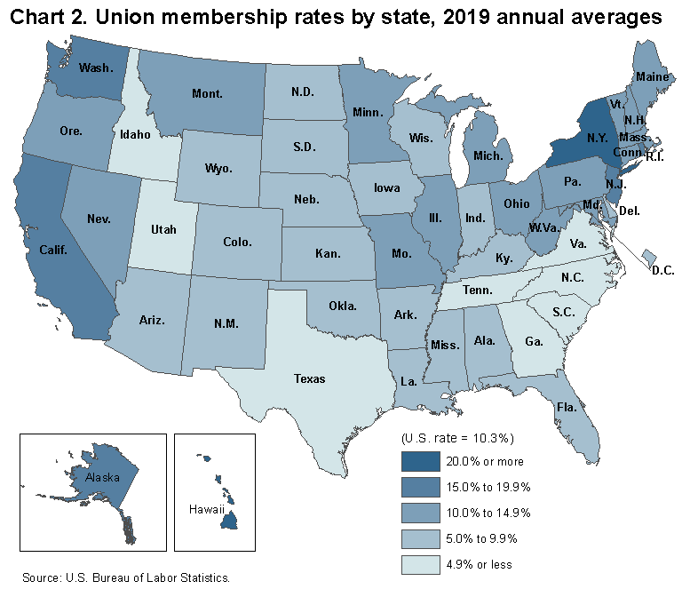 Chart 2. Union membership rates by state, 2019 annual averages