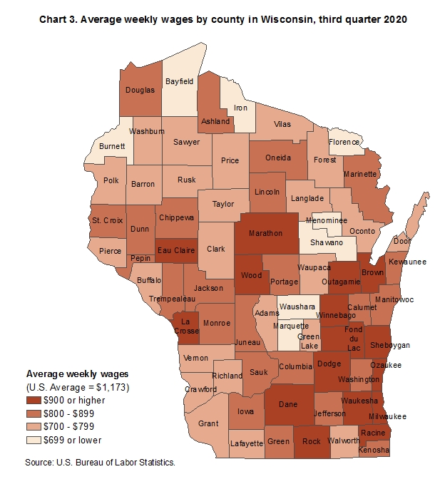 Chart 3. Average weekly wages by county in Wisconsin, third quarter 2020