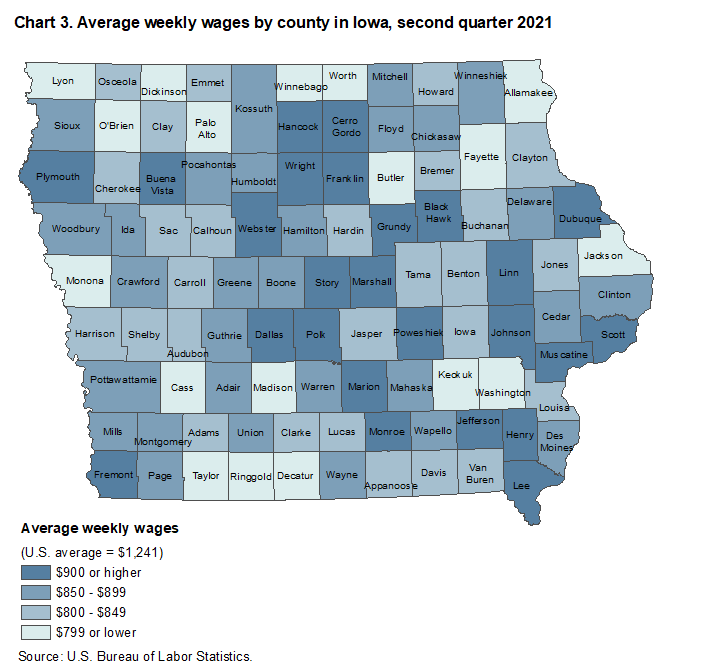 Chart 3. Average weekly wages by county in Iowa, second quarter 2021