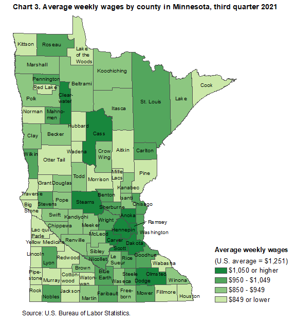 Chart 3. Average weekly wages by county in Minnesota, third quarter 2021