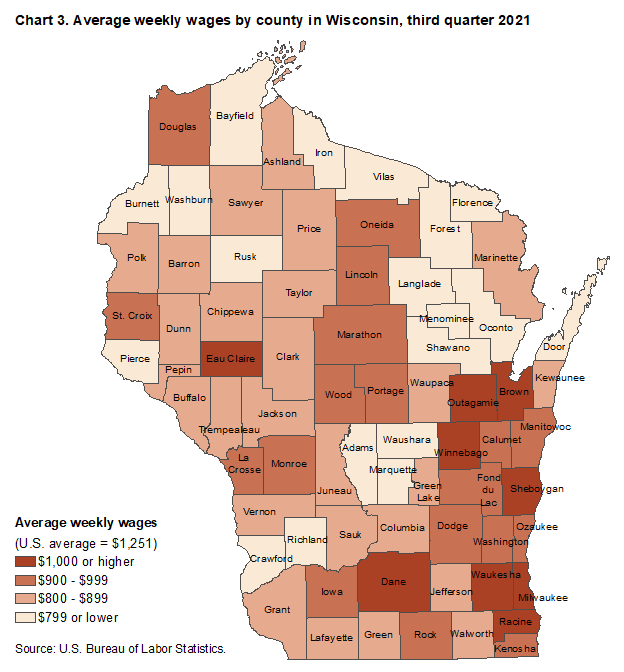 Chart 3. Average weekly wages by county in Wisconsin, third quarter 2021