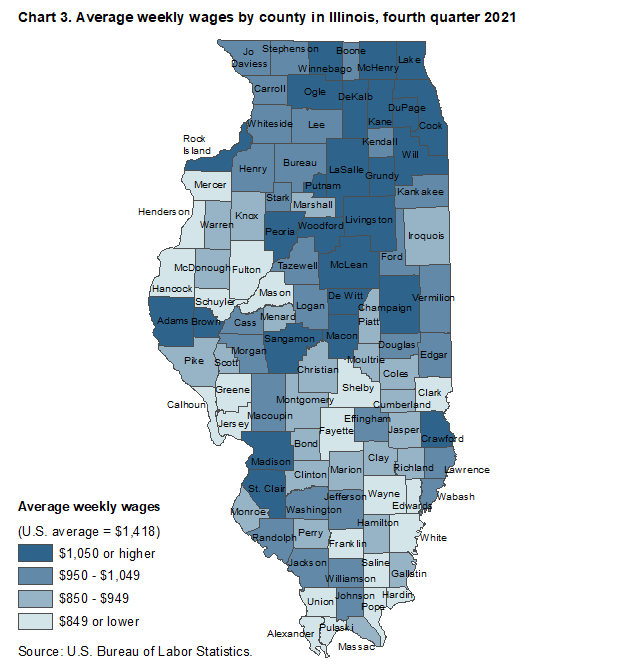 Chart 3. Average weekly wages by county in Illinois, fourth quarter 2021