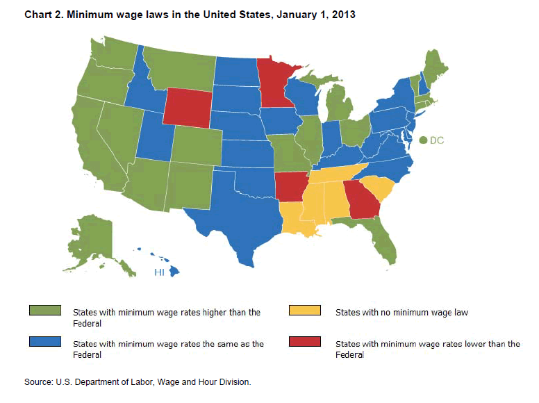Chart 2. Minimum wage laws in the United States, January 1, 2013