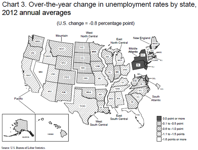 Chart 3. Over-the-year change in unemployment rates by state, 2012 annual averages
