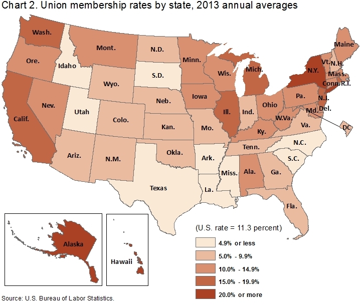 Chart 2. Union membership rates by state, 2013 annual average