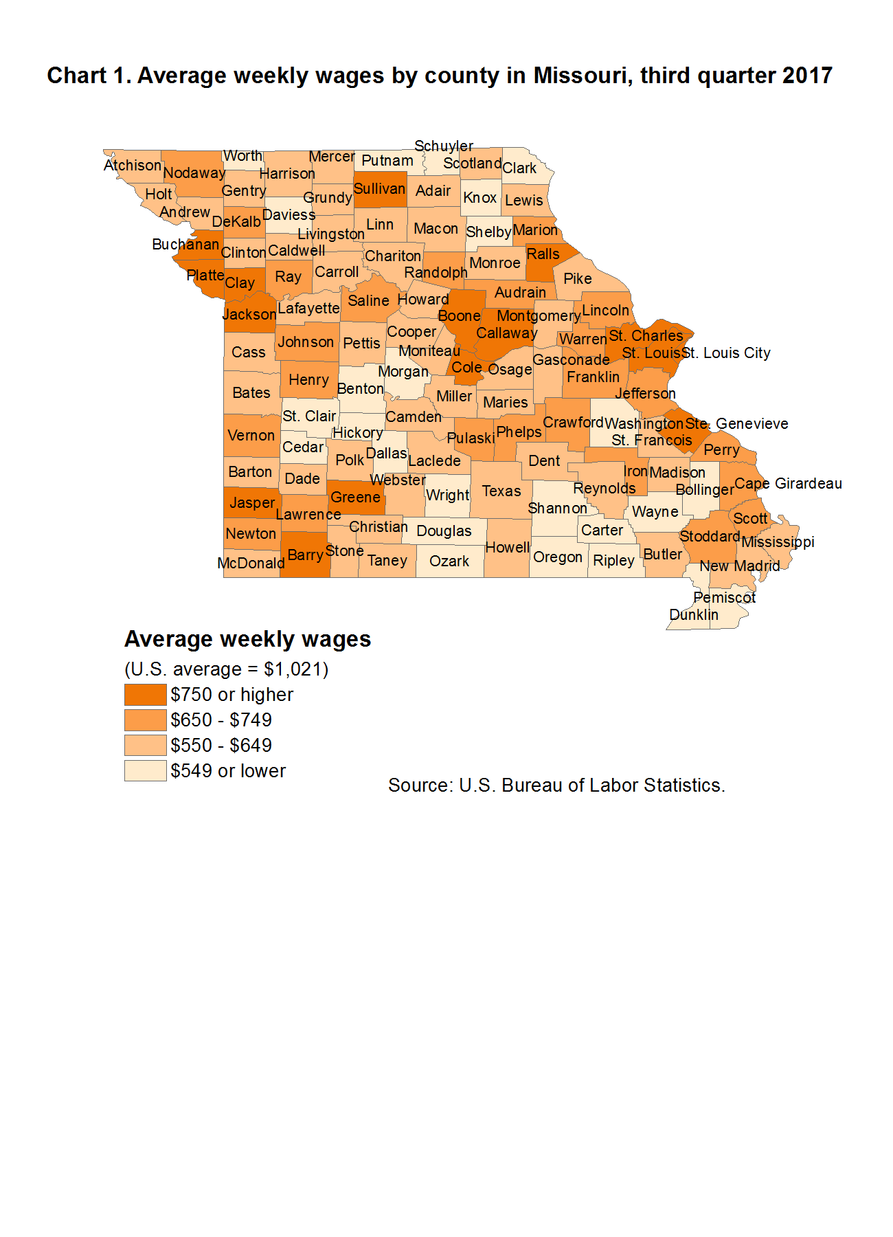 Chart 1. Average weekly wages by county in Missouri, third quarter 2017