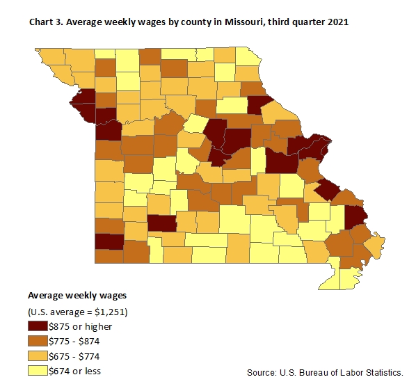Chart 3. Average weekly wages by county in Missouri, third quarter 2021