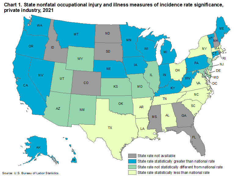 Chart 1. State nonfatal occupational injury and illness measures of incidence rate significance, private industry, 2021
