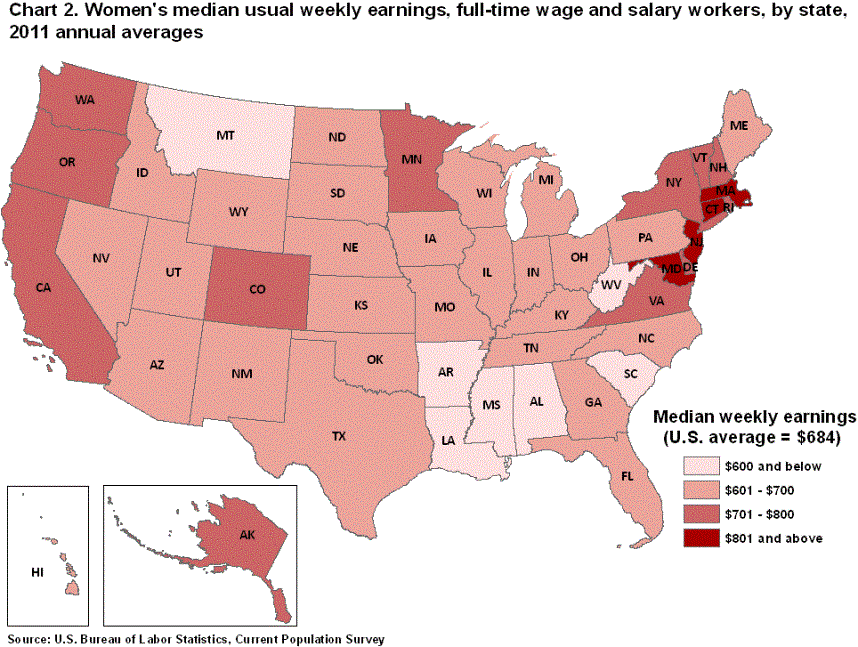 Chart2. Women’s median usual weekly earnings, full-time wage and salary workers, by state, 2012 annual averages