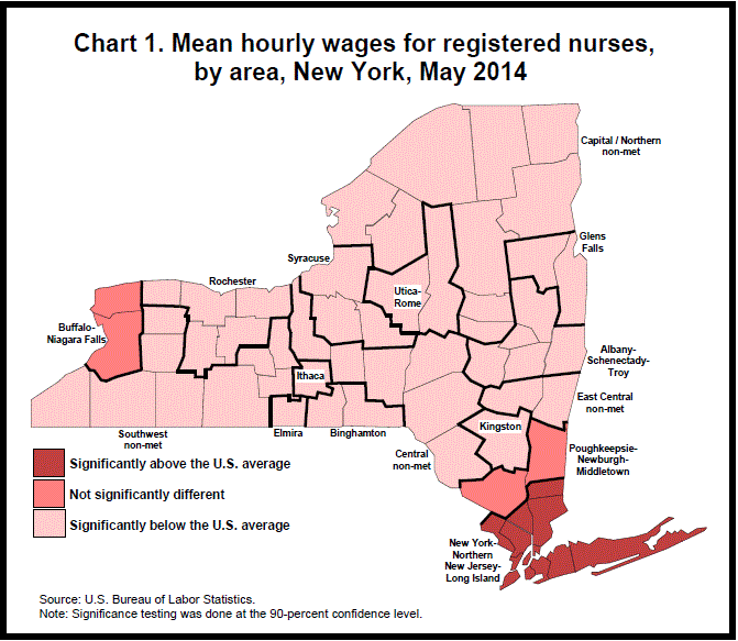 Chart 1. Mean hourly wages for registered nurses, by area, New York, May 2014