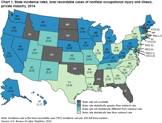 Chart 1. State incidence rates, total recordable cases of nonfatal occupational injury and illness, private industry, 2014