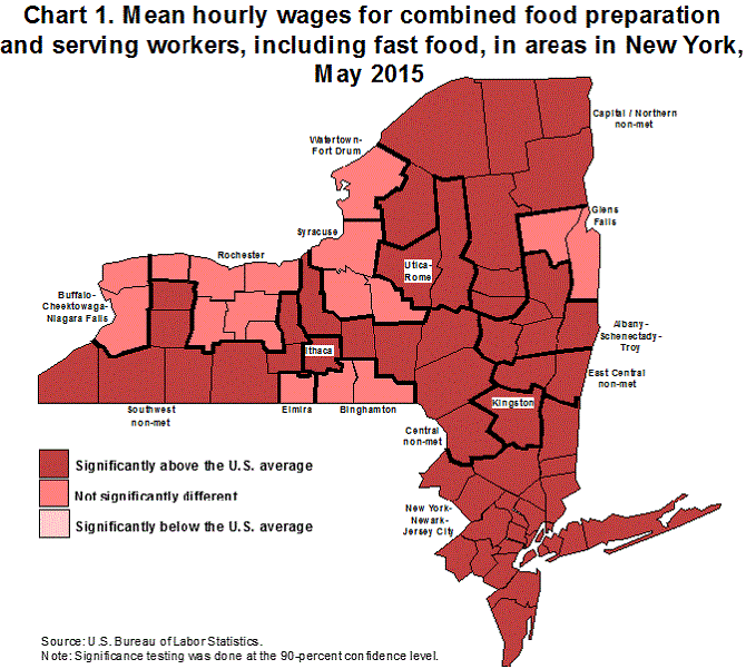 Chart 1. Mean hourly wages for combined food preparation and serving workers, including fast food, in areas in New York, May 2015