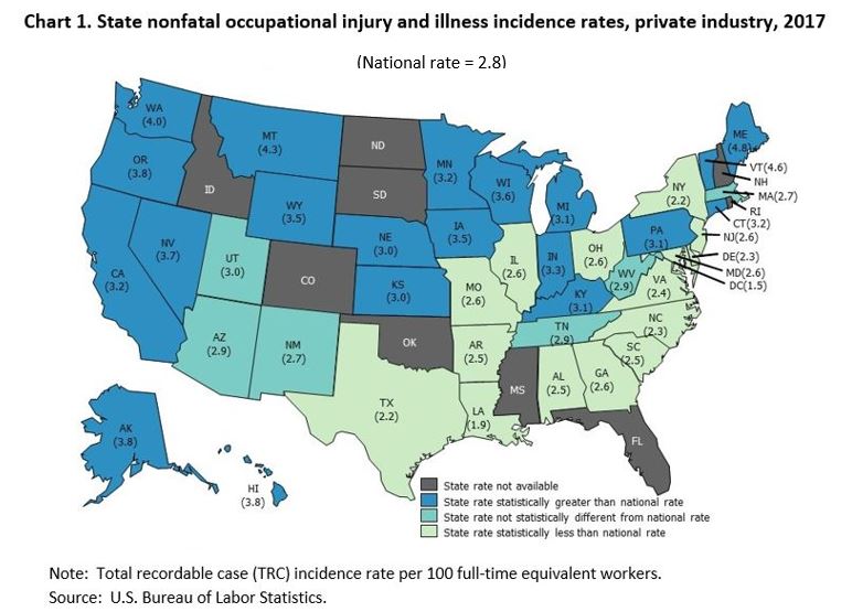 Chart 1. State nonfatal occupational injury and illness incidence rates, private industry, 2017