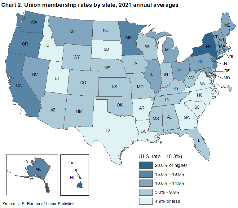 Chart 2. Union membership rates by state, 2021 annual averages