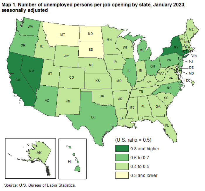 Map 1. Number of unemployed persons per job opening by state, January 2023, seasonally adjusted