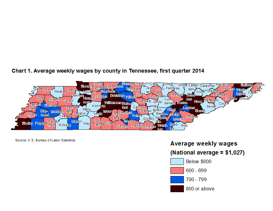 Chart 1. Average weekly wages by county in Tennessee, first quarter 2014