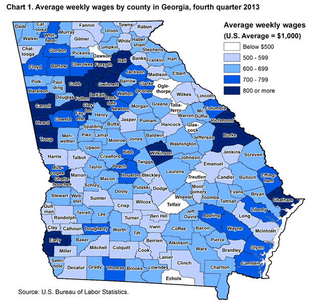 Chart 1. Average weekly wages by county in Georgia, fourth quarter 2013