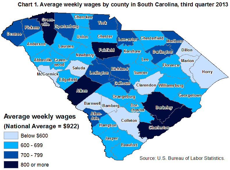 Chart 1. Average weekly wages by county in South Carolina, third quarter 2013