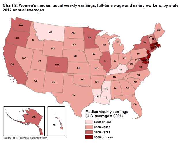 Chart 2. Women’s median usual weekly earnings, full-time wage and salary workers, by state, 2012 annual averages