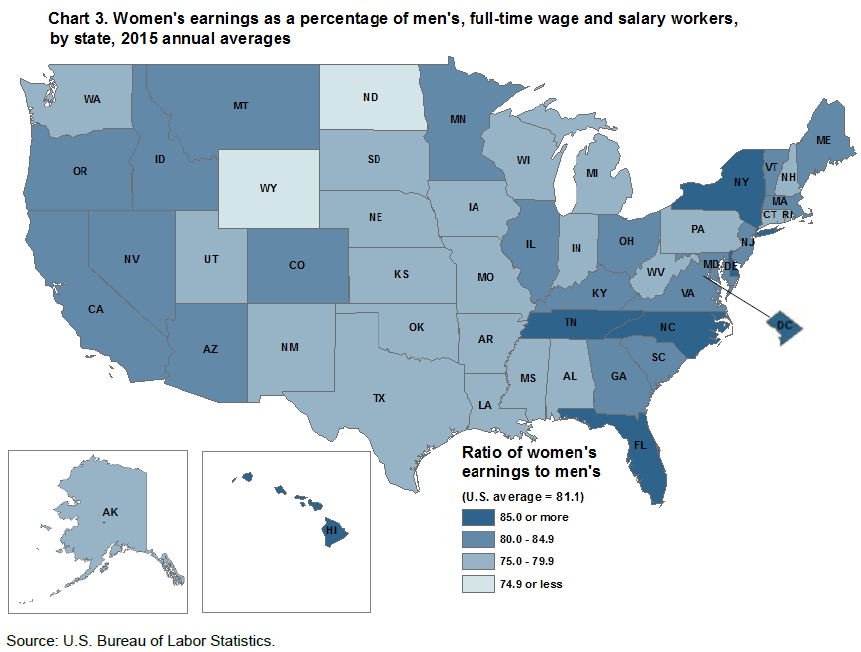 Chart 3. Women’s earnings as a percentage of men’s, full-time wage and salary workers, by state, 2015 annual averages