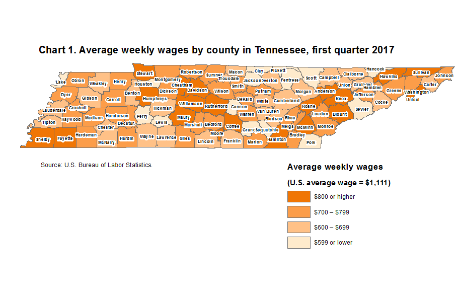 Chart 1. Average weekly wages by county in Tennessee, first quarter 2017