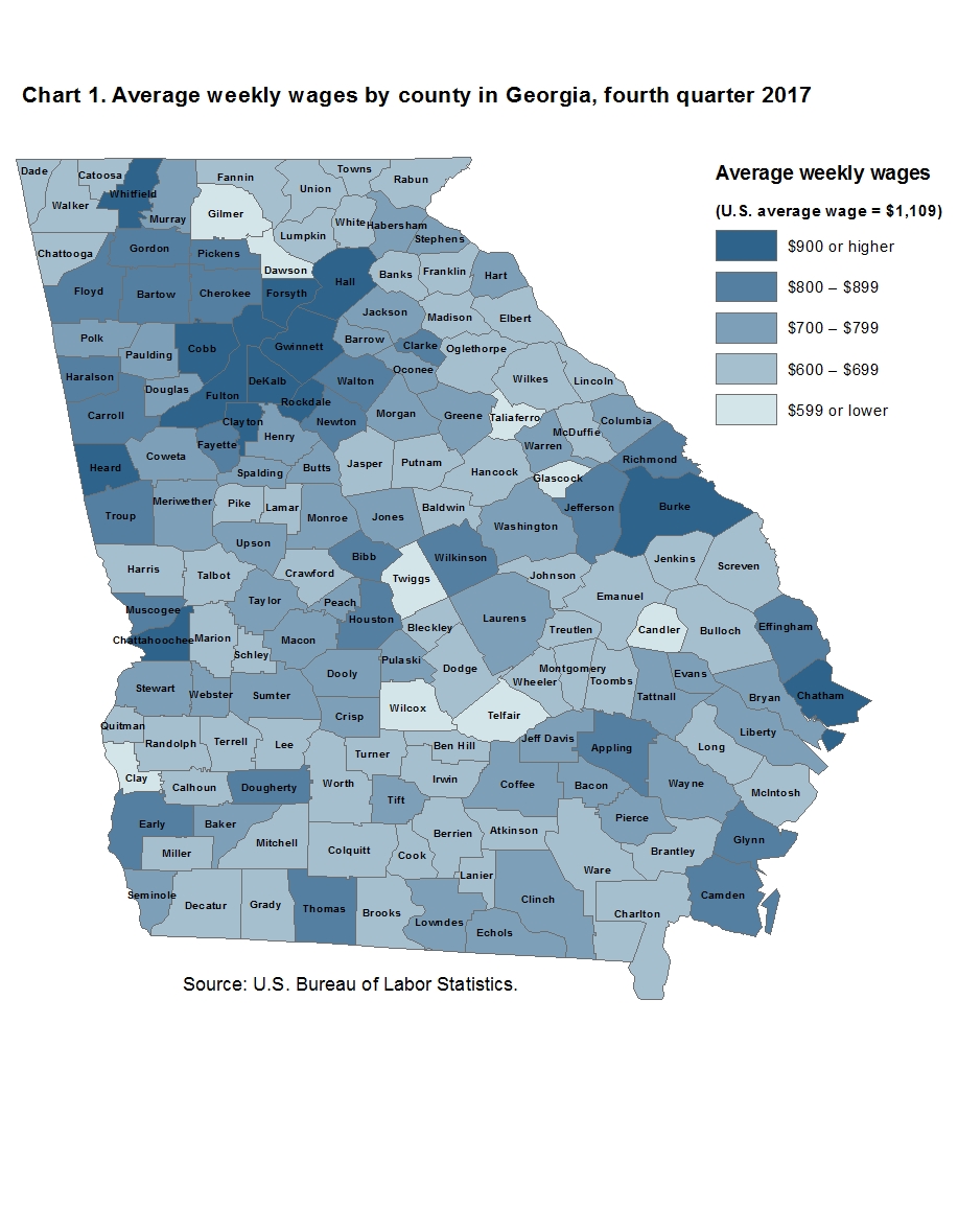 Chart 1. Average weekly wages by county in Georgia, fourth quarter 2017