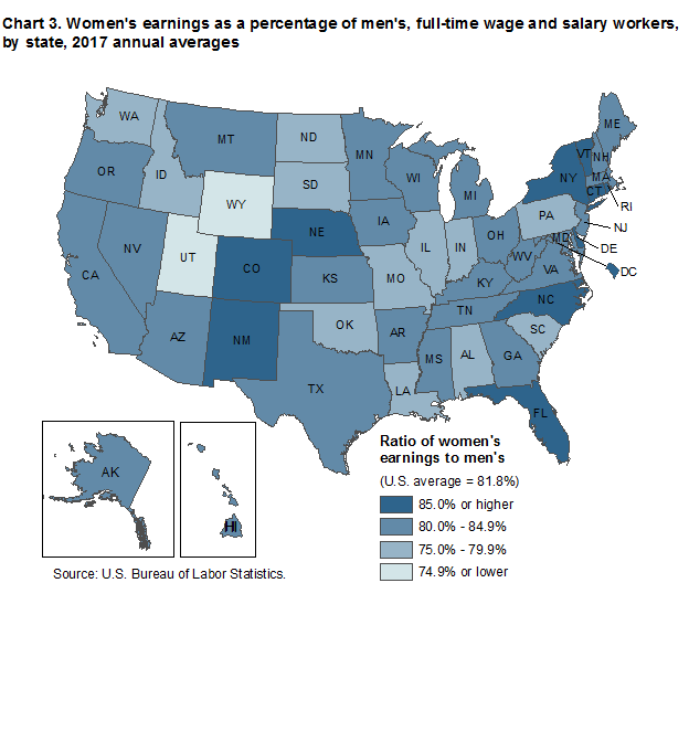 Chart 3. Women’s earnings as a percentage of men’s, full-time wage and salary workers, by state, 2017 annual averages