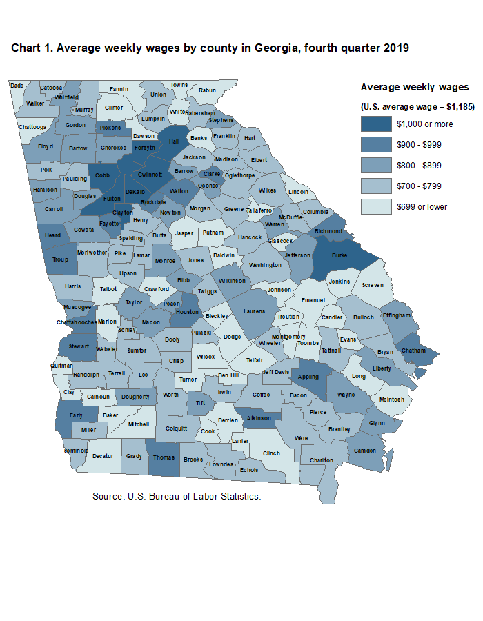 Chart 1. Average weekly wages by county in Georgia, fourth quarter 2019