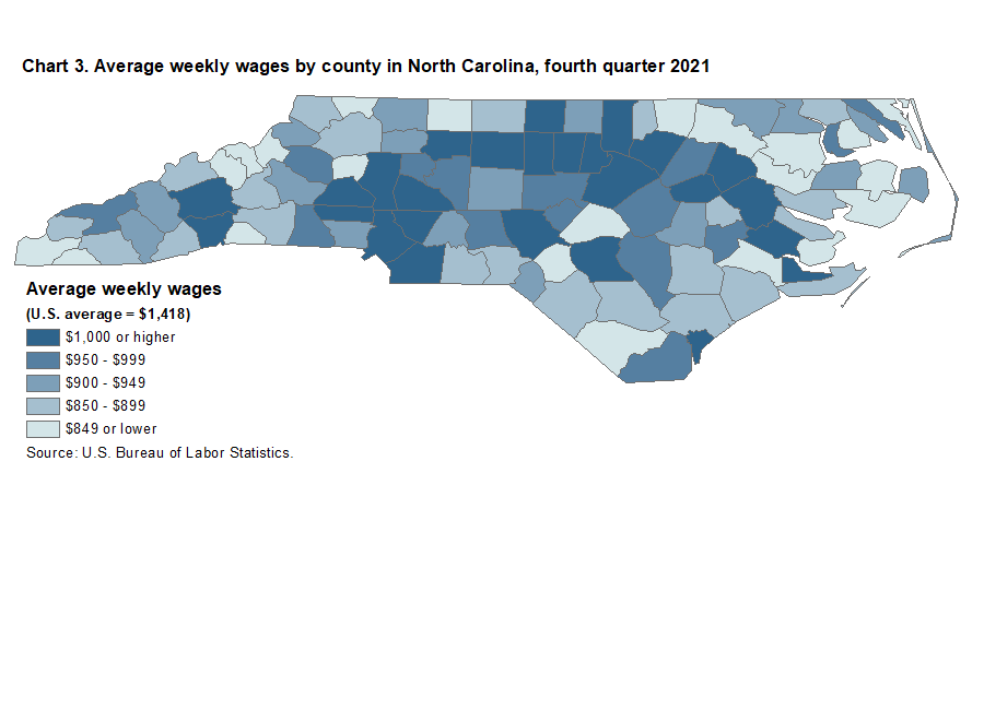 Chart 3. Average weekly wages by county in North Carolina, fourth quarter 2021