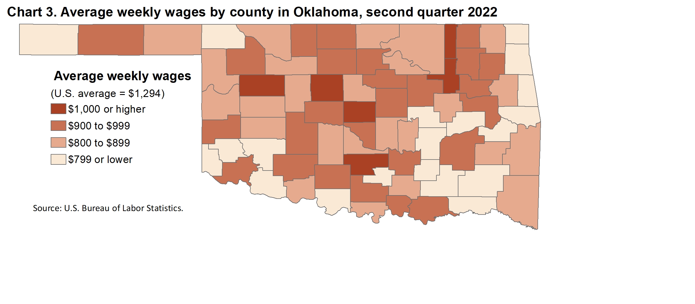 Chart 3. Average weekly wages by county in Oklahoma, second quarter 2022