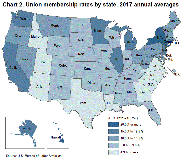 Chart 2. Union membership rates by state, 2017 annual averages
