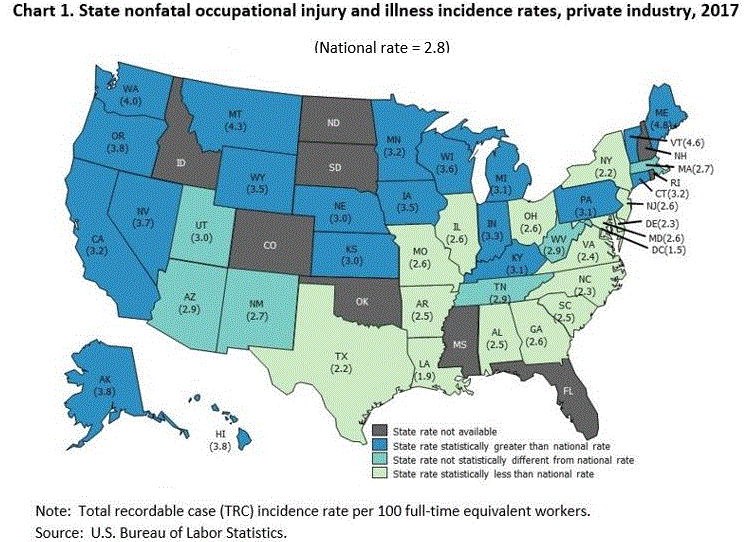 Chart 1. State nonfatal occupational injury and illness incidence rates, private industry, 2017