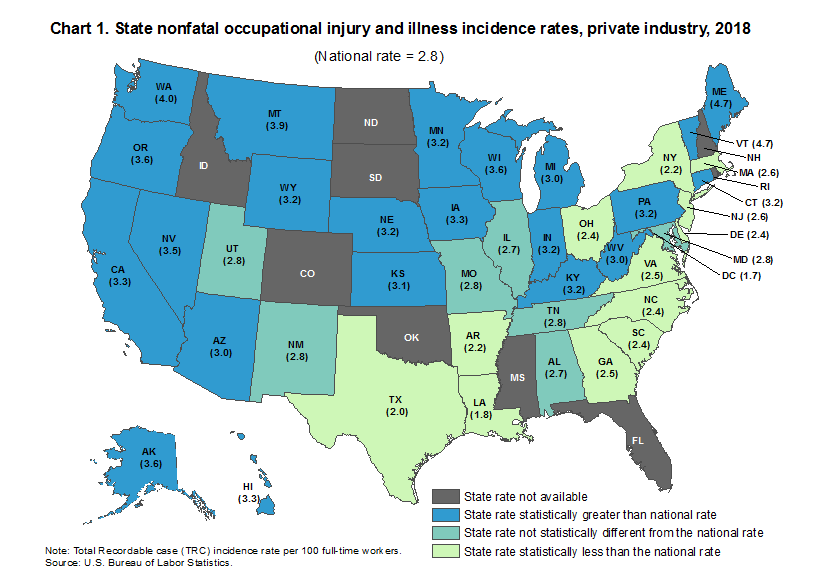 Chart 1. State nonfatal occupational injury and illness incidence rates, private industry 2018