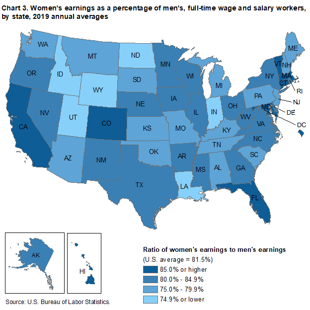Chart 3. Women’s earnings as a percent of men’s, full-time wage and salary workers, by state, 2019 annual averages