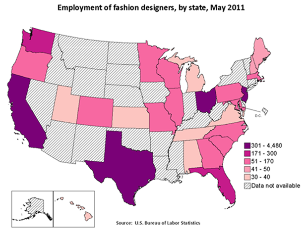 Employment of fashion designers, by state, May 2011