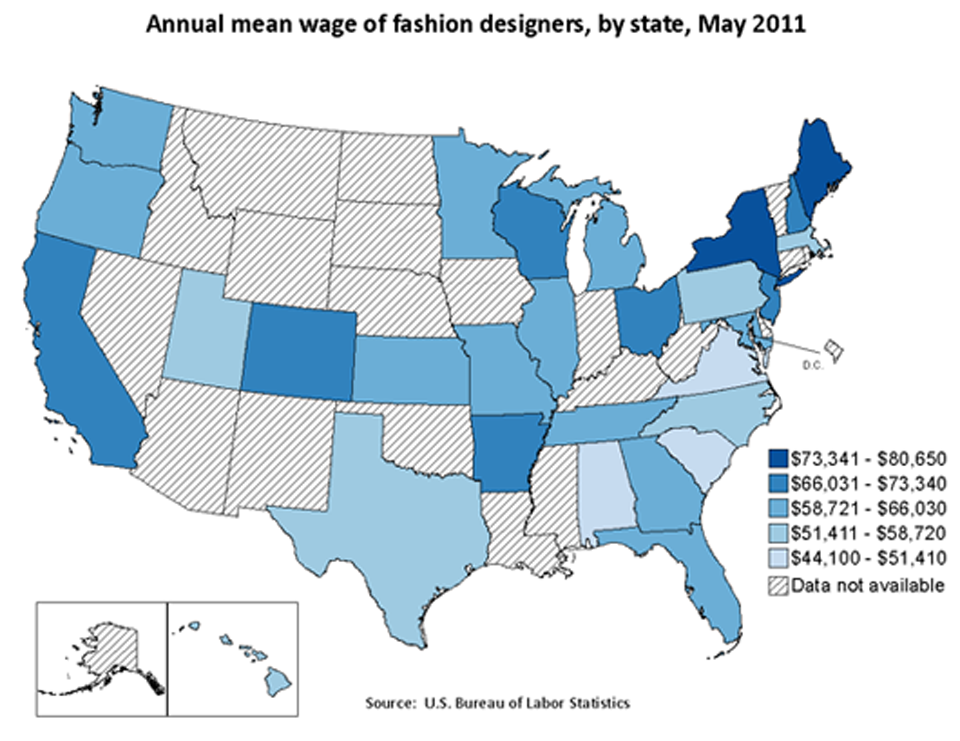 Annual mean wage of fashion designers, by state, May 2011