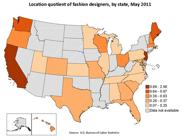 Location quotient of fashion designers, by state, May 2011