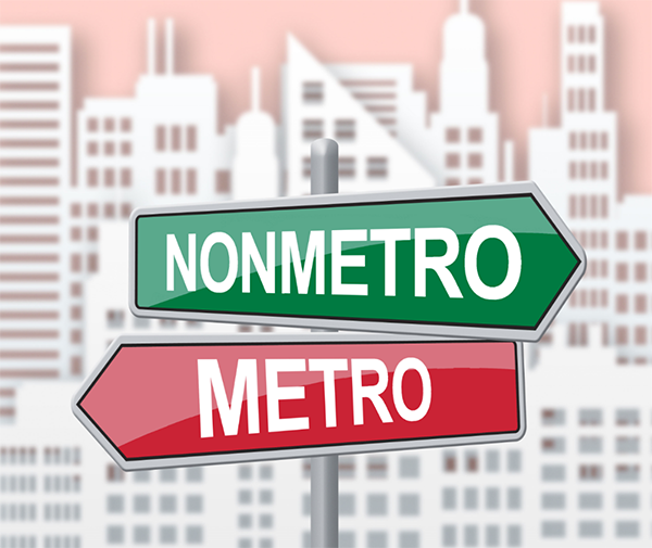 crossroads sign with arrows pointing to metro and nonmetro, cover image for this Spotlight on statistics